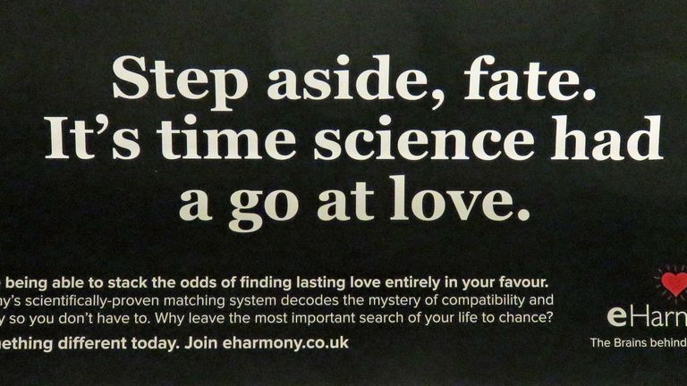 Embargoed to 0001 Wednesday January 3 Undated handout image issued by the Advertising Standards Authority (ASA) of an advert by eHarmony which has been banned by the ASA. PRESS ASSOCIATION Photo. Issue date: Wednesday January 3, 2018. The ASA said: "Because the evidence provided by eHarmony did not demonstrate that their matching system offered users a significantly greater chance of finding lasting love than what could be achieved if they didn&#39;t use the service, we concluded that the claim &#39;sci