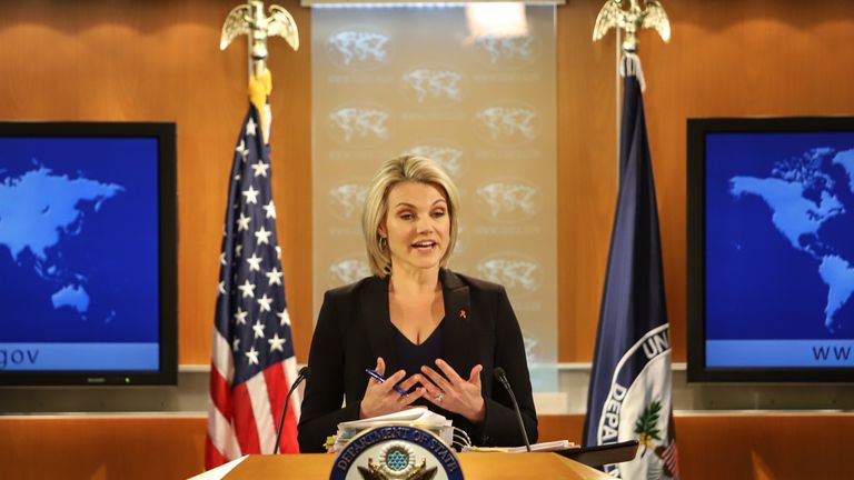 WASHINGTON, DC - NOVEMBER 30: U.S. Department of State spokesperson Heather Nauert speaks in the press briefing room at the Department of State on November 30, 2017 in Washington, DC. Nauert addressed the media on Thursday about Secretary of State Rex Tillerson and his future at the State Department. (Photo by Alex Wroblewski/Getty Images)