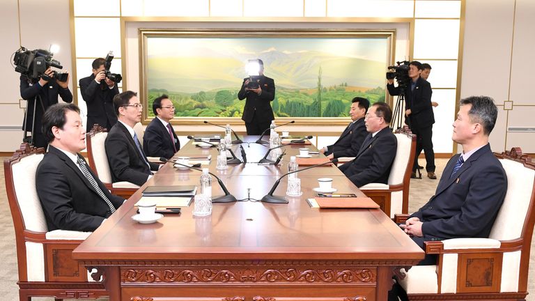 Head of North Korean delegation Jon Jong Su talks with his South Korean counterpart Chun Hae-sung during their meeting at the truce village of Panmunjom in the demilitarised zone separating the two Koreas,. Pic: Yonhap/Reuters