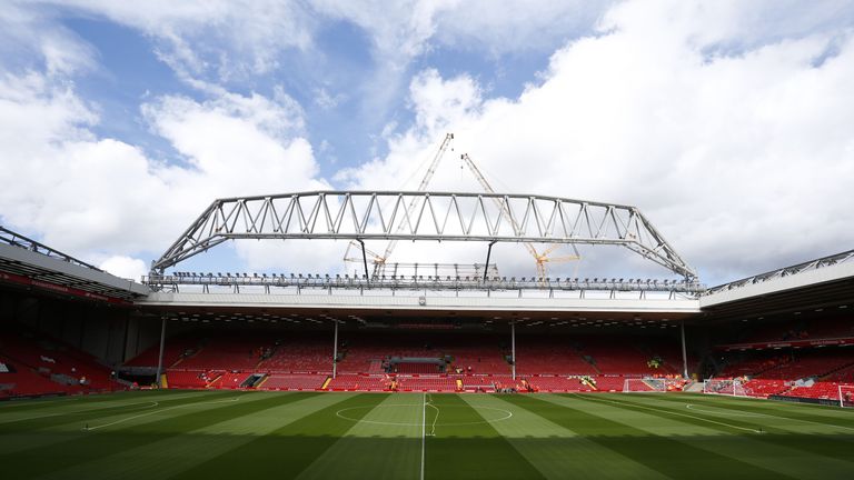 The new stand is seen under construction at the Anfield Stadium ahead of the English Premier League football match between Liverpool and West Ham at the Anfield stadium in Liverpool, north-west England on August 29, 2015. West Ham won the game 3-0. AFP PHOTO / LINDSEY PARNABY RESTRICTED TO EDITORIAL USE. No use with unauthorized audio, video, data, fixture lists, club/league logos or &#39;live&#39; services. Online in-match use limited to 75 images, no video emulation. No use in betting, games or single