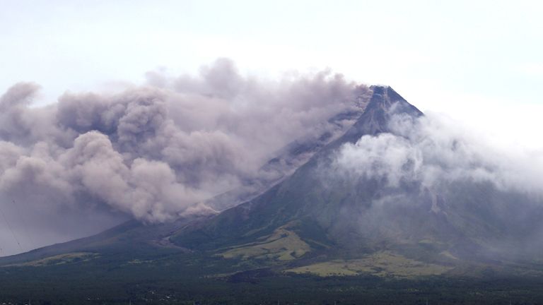 The Mayon volcano spews a column of ash in Legazpi City, Albay province, south of Manila, Philippines 