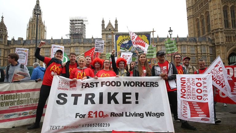 Supporters and workers from McDonald&#39;s restaurants in Cambridge and Crayford, SE London, during a rally at Old Palace Yard, London, after they voted overwhelmingly in favour of industrial action, amid concerns over working conditions and the use of zero-hour contracts