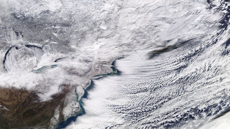 A winter storm sweeping across Ontario, eastern Canada and the northeastern United States is pictured in a NASA handout satellite photo January 6, 2018. NASA/Handout via REUTERS