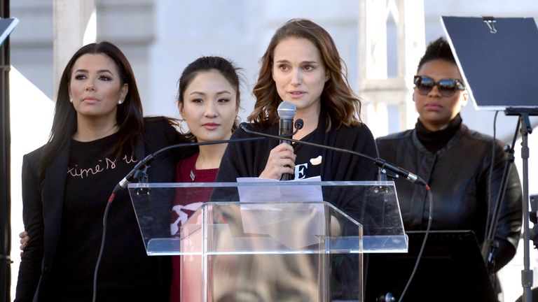 LOS ANGELES, CA - JANUARY 20:  (L-R) Actors Eva Longoria, Constance Wu and Natalie Portman speak during the Women&#39;s March Los Angeles 2018 on January 20, 2018 in Los Angeles, California.  (Photo by Chelsea Guglielmino/Getty Images)