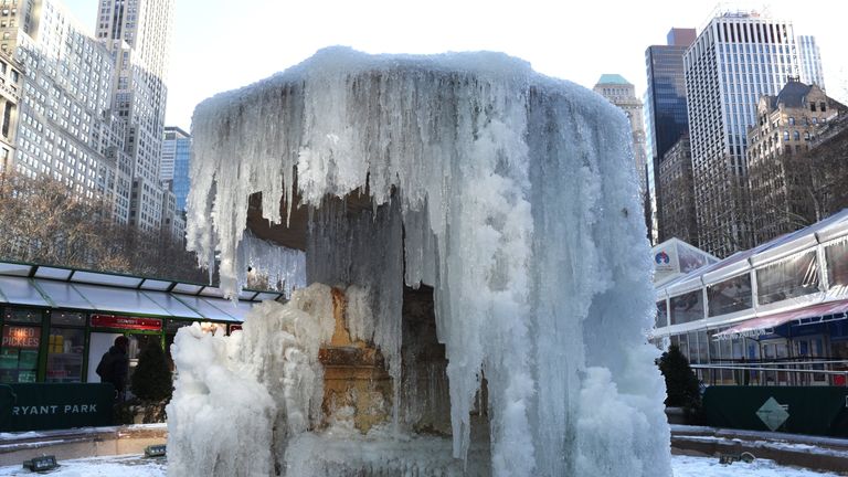 A fountain in New York&#39;s Bryant Park - the city is now set for snow