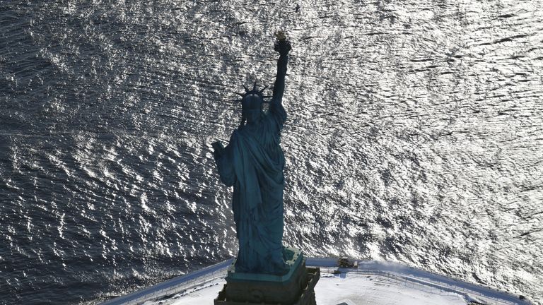 A snowy Liberty Island in New York