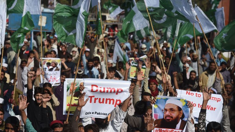 Activists shouting anti-US slogans at a protest in Karachi