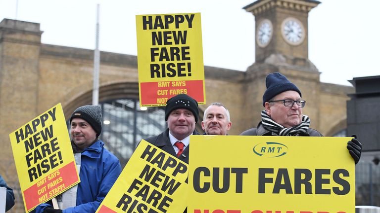 Campaigners protest against rail fare increases outside King&#39;s Cross station in London. PRESS ASSOCIATION Photo. Picture date: Tuesday January 2, 2018. See PA story RAIL Fares. Photo credit should read: Stefan Rousseau/PA Wire