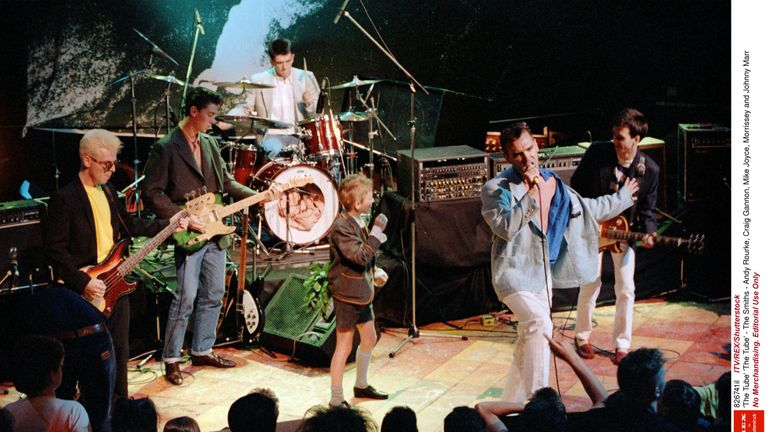 Rourke, Gannon, Joyce, Morrissey and Marr perform circa 1983