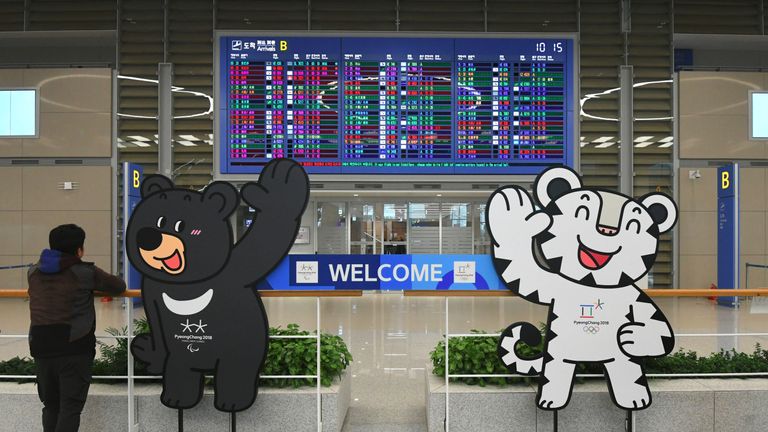 The mascots of the 2018 PyeongChang Winter Olympics at Incheon International Airport