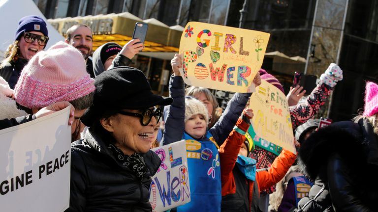 Yoko Ono joined the women's march in New York