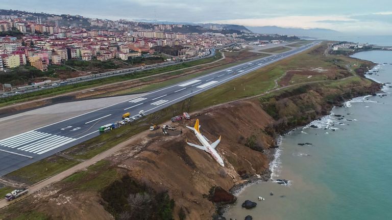 A Pegasus Airlines Boeing 737 passenger plane is seen struck in mud after skidding off the airstrip, after landing at Trabzon&#39;s airport on the Black Sea coast