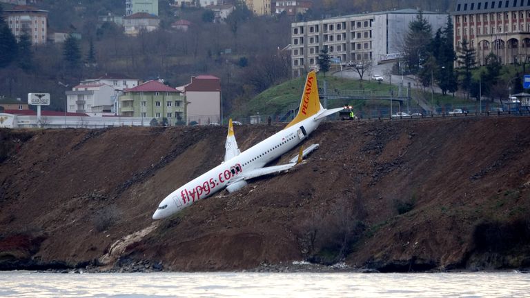 A Pegasus Airlines aircraft is pictured after it skidded off the runway at Trabzon airport by the Black Sea in Turkey