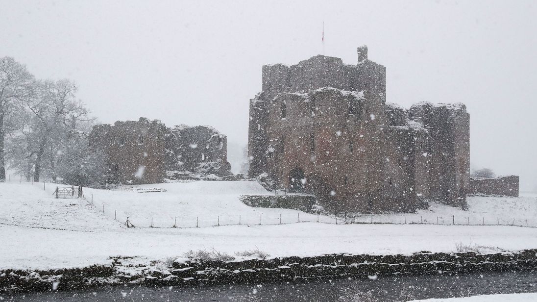 Brougham Castle in Penrith during a snow blizzard on Tuesday