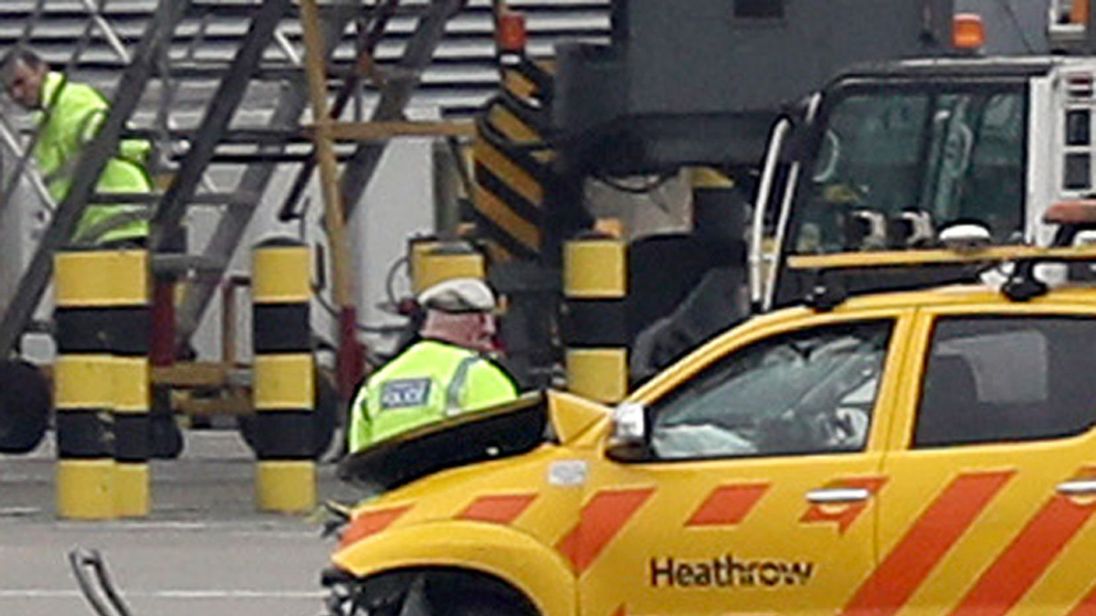 One of the vehicles involved in a crash on the airfield at Heathrow Airport that led to the death of a man in his 40s