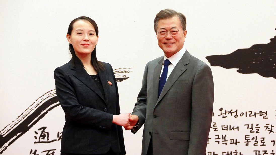 South Korean President Moon Jae-in shakes hands with Kim Yo Jong, the sister of North Korea&#39;s leader Kim Jong Un