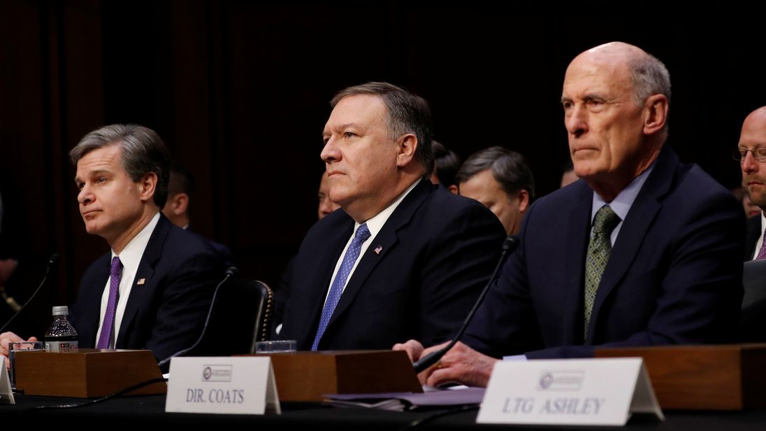 FBI Director Christopher Wray, CIA Director Mike Pompeo, and Director of National Intelligence Dan Coats