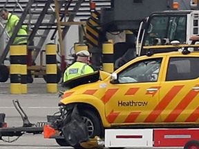 One of the vehicles involved in a crash on the airfield at Heathrow Airport that led to the death of a man in his 40s