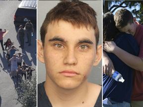 A police mugshot of Nikolas Cruz (C), pupils evacuating the school (L) and two classmates console one another (R)