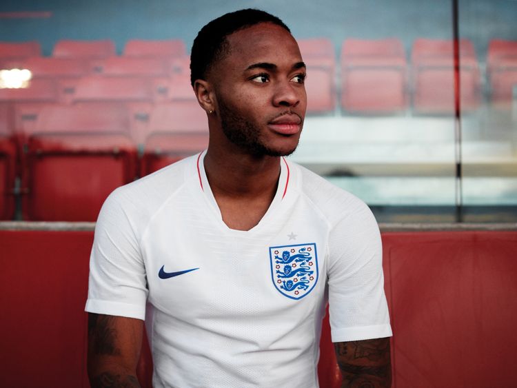 Raheem Sterling modelling England's 2018 World Cup kit