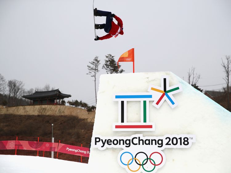 Billy Morgan takes part in the big air event in Pyeongchang