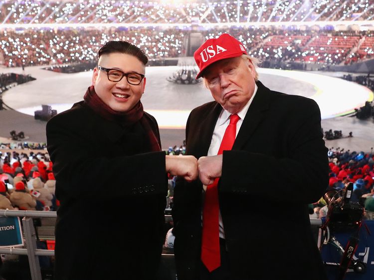 Impersonators of Donald Trump and Kim Jong Un pose during the Opening Ceremony of the PyeongChang 2018 Winter Olympic Games at PyeongChang Olympic Stadium on February 9, 2018 in Pyeongchang-gun, South Korea.