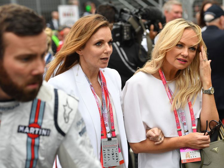 Geri Horner (L) and Emma Bunton at British Grand Prix in 2016