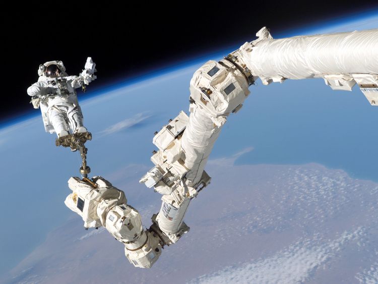 IN SPACE - AUGUST 3: In this NASA handout, mission specialist, Astronaut Stephen K. Robinson, is anchored to a foot restraint on the International Space Station's Canadarm2 robotic arm, during his space walk to repair the underside of the space shutttle Discovery August 3, 2005. Space shuttle Discovery is scheduled to return to Earth August 8. (Photo by NASA via Getty Images) 