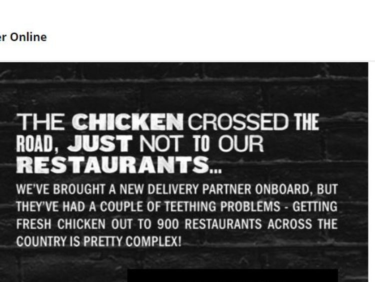 KFC chicken shortage website message 19/2/18