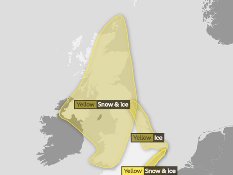 The Met Office&#39;s yellow snow and ice warnings up to 10am on Monday