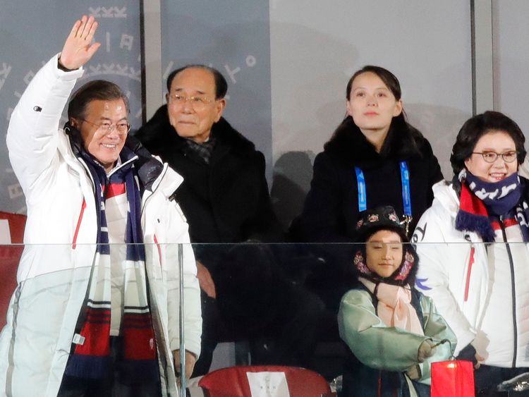 President of South Korea Moon Jae-in, his wife Kim Jung-Sook, resident of the Presidium of the Supreme People’s Assembly of North Korea Kim Young Nam and Kim Yo-Jong, the sister of North Koreas leader Kim Jong-un