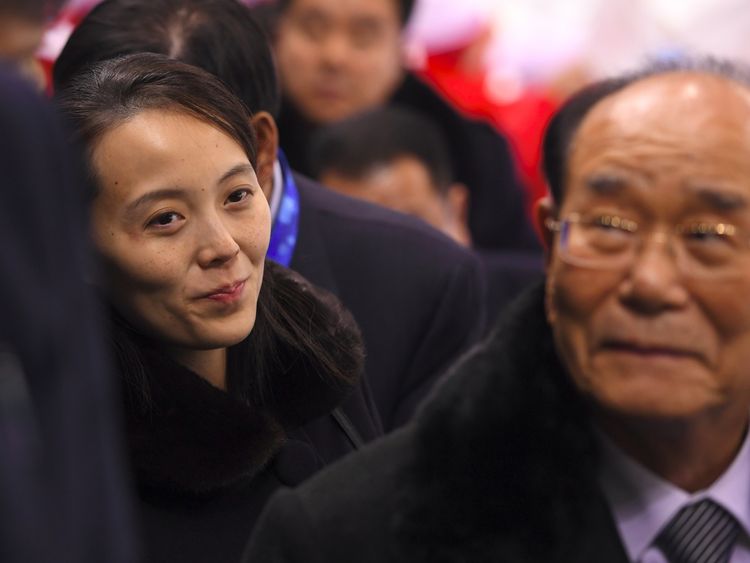 North Korea&#39;s ceremonial head of state Kim Yong Nam (R) and North Korean leader Kim Jong Un&#39;s sister Kim Yo Jong (L) 