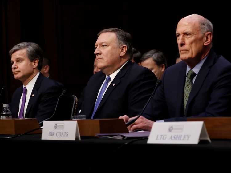 FBI Director Christopher Wray, CIA Director Mike Pompeo, and Director of National Intelligence Dan Coats