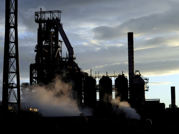 Blast furnaces of the Tata Steel plant seen at sunset in Port Talbot 25/10/2016