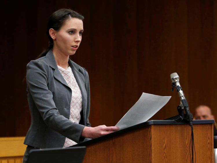 Former gymnast Rachael Denhollander makes a statement during the sentencing hearing of Larry Nassar, a former team USA Gymnastics doctor who pleaded guilty in November 2017 to sexual assault charges, in the Eaton County Court in Charlotte, Michigan, U.S. February 2, 2018