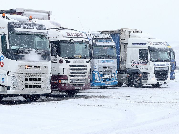 Lorries park up on the A66 during a blizzard in Durham