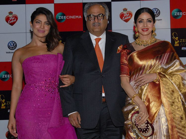 Sridevi (r) with husband Boney Kapoor and actress Priyanka Chopra in December 2017