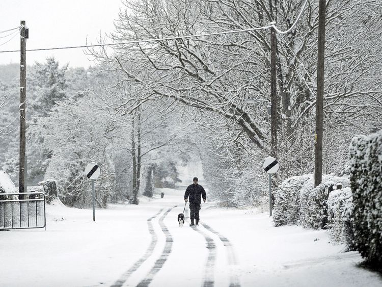 A man walks his dog down a snow covered lane near Malton in North Yorkshire