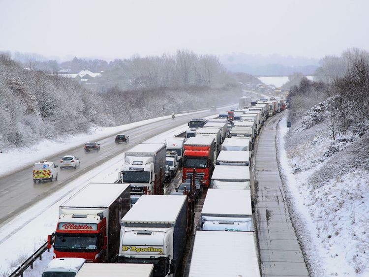 Stationary traffic on the M20 near Ashford, Kent