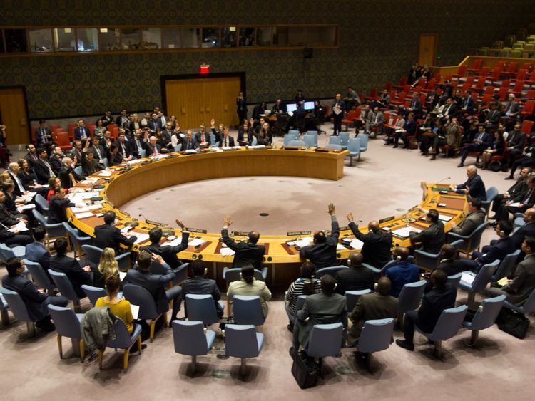 Members of the Security Council vote during a meeting on a ceasefire in Syria