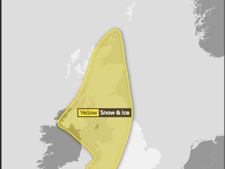 The Met Office's yellow snow and ice warning for Monday night through to Tuesday afternoon