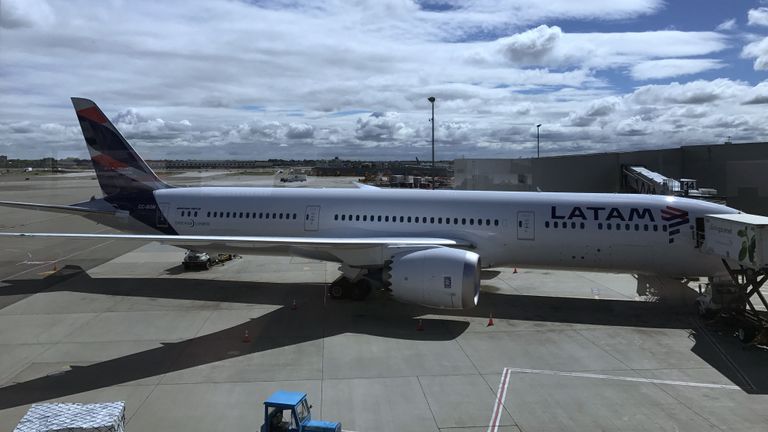 A file picture of a Latam plane at an airport in New York