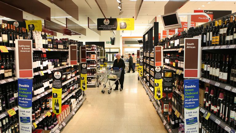 The alcohol aisles in a Tesco supermarket.