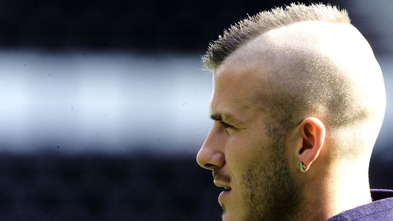 22 May 2001: David Beckham of England sporting his new hair cut during training ahead of the friendly game against Mexico at Pride Park in Derby. Digital Image. Mandatory Credit: Laurence Griffiths/ALLSPORT