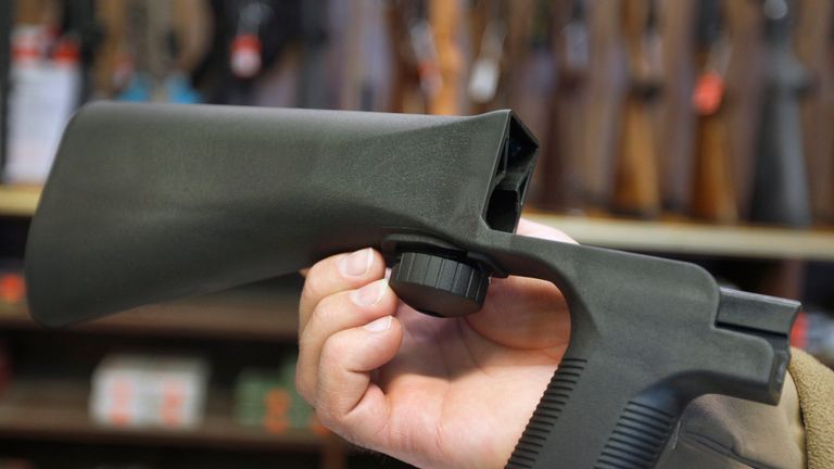  A bump stock device that fits on a semi-automatic rifle to increase the firing speed, making it similar to a fully automatic rifle