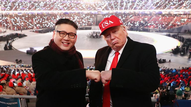 Impersonators of Donald Trump and Kim Jong Un pose during the Opening Ceremony of the PyeongChang 2018 Winter Olympic Games at PyeongChang Olympic Stadium on February 9, 2018 in Pyeongchang-gun, South Korea.