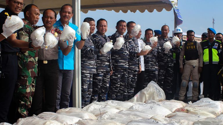 Indonesian officials display more than a tonne of methamphetamine in Batam island, 