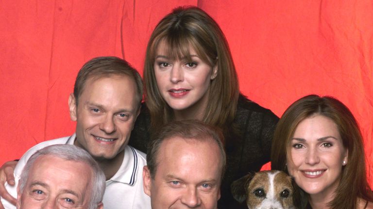 John Mahoney (bottom l) with his co-stars, David Hyde Pierce, Jane Leeves, Kelsey Grammar, Eddie the dog and Peri Gilpin