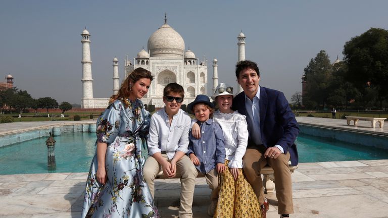 Canadian Prime Minister Justin Trudeau, his wife Sophie Gregoire Trudeau, and their children Ella Grace, Hadrien and Xavier pose in front of the Taj Mahal in Agra, India