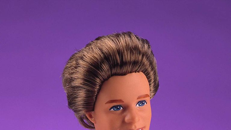  1992 Total Hair Ken doll wears a multi-colored patterned shirt in this studio portrait. On March 13, 2001, Mattel toy company celebrated the 40th anniversary of the Ken doll which was originally introduced March 13, 1961 at the American International Toy Fair. Originating with his crew cut look and evolving through the funky disco styles of the &#39;&#39;70s and &#39;&#39;80s, to the trendy styles of the &#39;&#39;90s, Ken has been a worldwide pop culture favorite for every era and for several generations. (Photo cour
